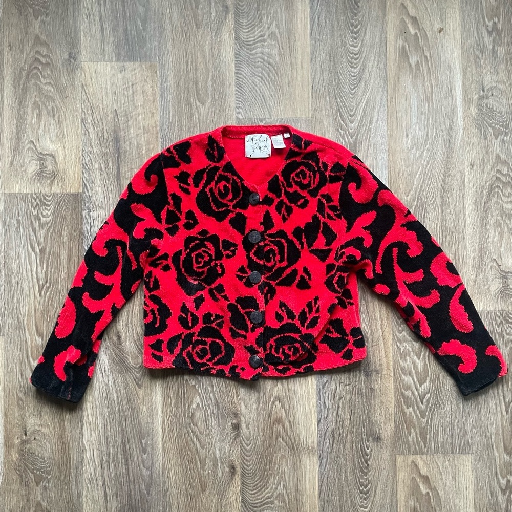 Vintage 90s Michael Simon Red Black Rose Chenille Cardigan L coquette goth